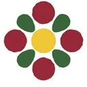 Logotip de La Fede: una flor de cercles vermells i verds al voltant d’un cercle groc