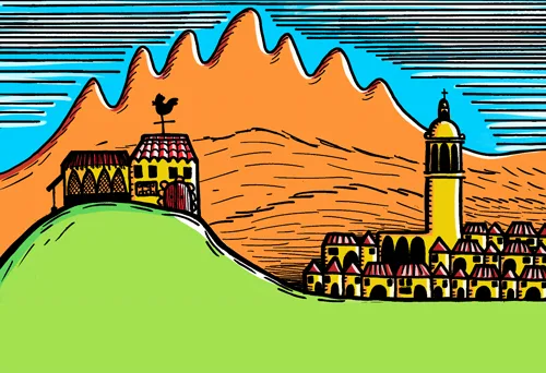 Un mas amb un gall al penell dalt d’un turó, amb Montserrat i el poble al fons