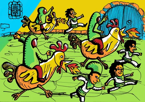 Gallines que escupen foc pel bec corren pel camp i la gent fuig davant seu