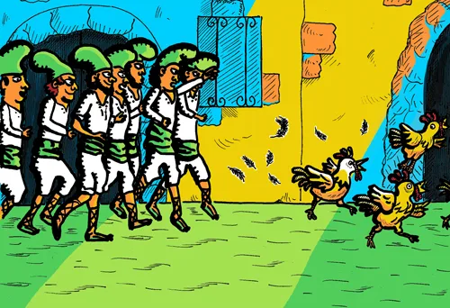 Vilatans amb barretina verda persegueixen les gallines escapades pels carrers